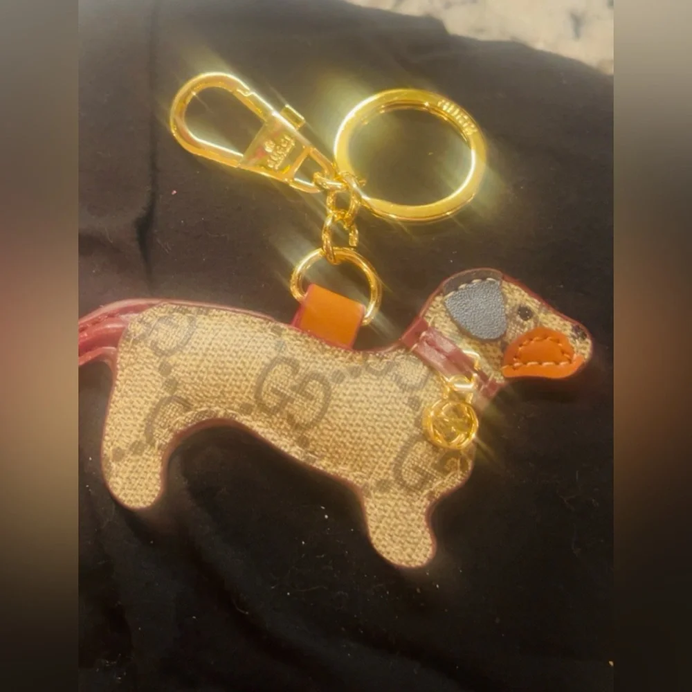 Adorable Gucci Monogram GG Dog Shaped Keychain with Gold Accents - Picture 2 of 6